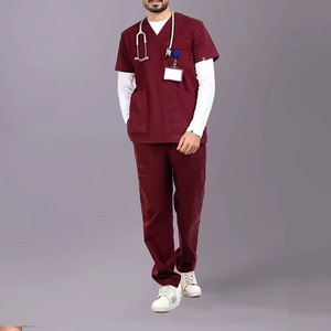 Men's <b>Maroon</b> Scrub Set Cotton Polyester Woven Hospital Uniform Pants <b>Top</b> V-Neck With Pockets Stethoscope Ready - Product Image 1