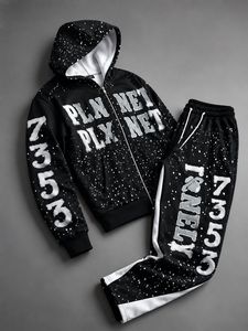 Sweat-shirt à capuche oversize pour homme, noir et blanc, streetwear, en coton tricoté, anti-rétrécissement, imprimé en relief, avec poche avant - Product Image 3