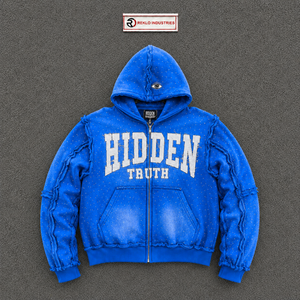 Sweat à capuche zippé bleu avec motif « Hidden Truth », orné de strass, effet délavé vintage, coupe oversize, style streetwear, unisexe - Product Image 5