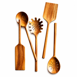 Juego de Cucharas de Cocina de Madera de Teca Natural Premium, Juego de Utensilios de Cocina Ecológicos de 5 Piezas, Espátula de Madera Segura para Utensilios Antiadherentes - Product Image 1