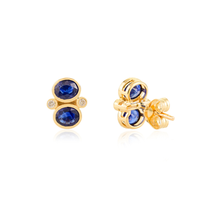 Boucles d'oreilles minimalistes en or jaune 18 carats massif pour femmes, serties de saphirs bleus ovales 4x6mm et de diamants, 100% authentiques, bijoux personnalisés. - Product Image 5