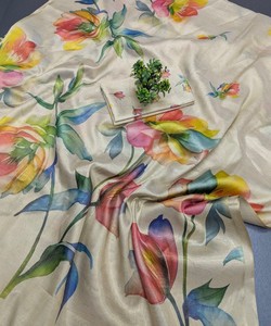 Sari Moderno de Tela de Lino con Estampado Floral de Seda y Blusa Sin Coser 84837 Blanco - Product Image 5