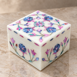 Square Marble Jewelry <b>Box</b> With Floral Inlay Design For Rings And Accessories - Product Image 1