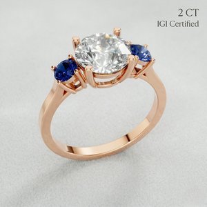 Anillo de Compromiso de Tres Piedras con Zafiro Certificado por IGI y Diamante Cultivado en Laboratorio, Oro Sólido de 9k, Joyería Fina para Mujer, Proveedor Mayorista - Product Image 1
