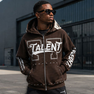 Men's <b>Brown</b> Zip-Up Hoodie Talent Letter Print Streetwear Oversized Fit French Terry Sweatshirt with Pocket and Sleeve Design - Product Image 2