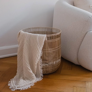 Tall <b>rectangular</b> woven <b>basket</b> laundry <b>basket</b> with an attached hinged lid and a gold-toned metal stand, available at wholesale. - Product Image 4
