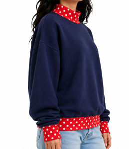 Custom Women's Oversized <b>Mock</b> <b>Neck</b> Sweatshirt Letter Applique Gingham Sleeve Casual Drop Shoulder <b>Top</b> - Product Image 2
