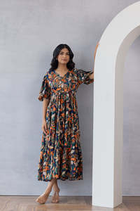 Vestido Midi de Gasa con Estampado Floral, Cuello en V, Manga con Volantes, Corte en A, Holgado, Estilo Boho, Vestido Casual de Verano para Mujer, Hermoso Vestido para Mujer - Product Image 3