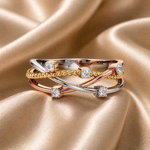 Anillo de Diamantes Cultivados en Laboratorio de Lujo con Múltiples Hileras Cruzadas para Mujer, Oro de 10K, 14K, 18K, Plata 925, 935, Joyería Fina de Dos Tonos - Product Image 1