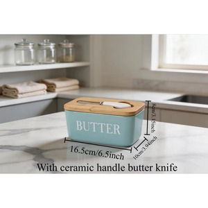 Ceramic Butter Dish <b>Container</b> With Wooden Lid And Knife Elegant Butter <b>Storage</b> Box Perfect For <b>Kitchen</b> And Dining Table Use - Product Image 6