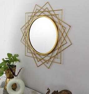 Modern Brass Round Wall <b>Mirror</b> With Geometric Frame Decorative Accent - Product Image 5