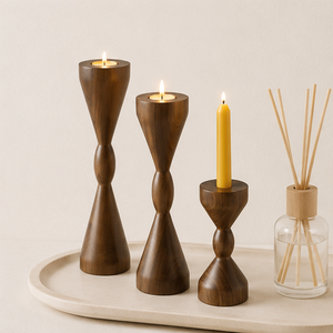 Handcrafted Mid-Century Modern Wooden Candle Holder Set Minimalist Sculptural Walnut Finish Candlestick Stands For Home Decor - Product Image 3
