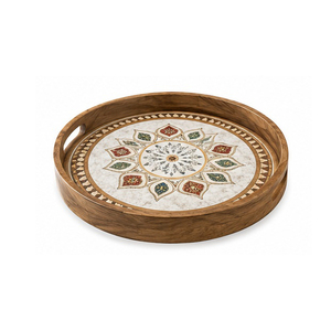 <b>Round</b> Wooden Storage <b>Tray</b> With Floral Design Oriental Style Lacquered Finish <b>Table</b> Use Single Tier Carved - Product Image 1