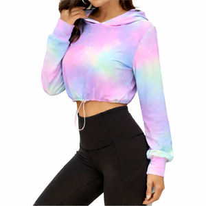 Sweat-shirt à capuche court tie-dye pastel pour femme, manches longues, cordon de serrage, streetwear décontracté, logo personnalisé - Product Image 1