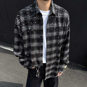 Chemise à carreaux surdimensionnée à manches longues pour homme, style vintage streetwear, ornée de strass, vente en gros - Product Image 1