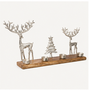 Portavelas de aluminio plateado de primera calidad con forma de reno y árbol de Navidad, con base de madera de mango natural para decoración festiva del hogar. - Product Image 1