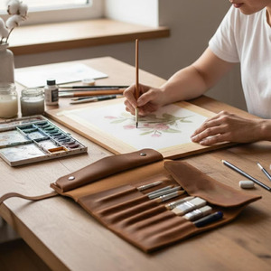 Organizador de Pinceles de Cuero Genuino Enrollable con Múltiples Bolsillos, Bolsa de Almacenamiento para Artistas, Personalización de Marca, Precio de Mayoreo Directo de Fábrica - Product Image 3