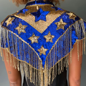 New Luxurious Shiny Long Fringe Hand Beaded <b>Sequins</b> Gold <b>Plus</b> <b>Size</b> Autumn Prom Party Women Evening <b>Top</b> Poncho - Product Image 1