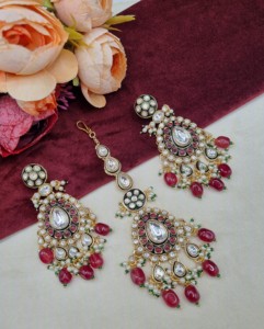 Royal Long Kundan Stone <b>Necklace</b> Set With Earrings And Mangtika For Wedding Reception Festive Wear Ethnic Jewellery Manufacturer - Product Image 6