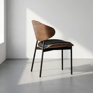Modern Wooden Restaurant <b>Chair</b> with Curved Backrest Cushioned Seat and <b>Black</b> Metal Legs for Cafe Living Room Office Use - Product Image 1