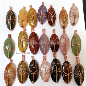 Wholesale Tiger Eye Handmade <b>Crystal</b> Pendant <b>Tree</b> of Life Copper Wire Wrap Energy Agate <b>Crystal</b> Pendants Oval Pattern for Sale - Product Image 2