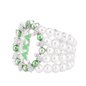 Bracelet 5 brins en perles blanches pour femme, bijou de mode élégant, bracelet perlé superposé avec accent vert, accessoire décoratif - Product Image 2