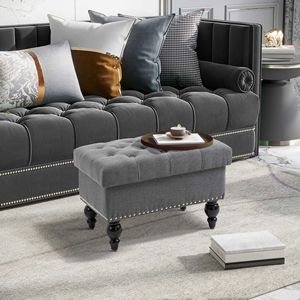 Pouf in Tessuto Trapuntato Grigio da 25 Pollici con Coperchio Rimovibile e Gambe in Legno, Panca con Bottoni per Casa, Ufficio o Ingresso, Poggiapiedi Rettangolare - Product Image 4