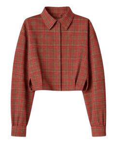 Chemisier court personnalisé à carreaux rouges pour femme, col rabattu, manches longues, boutonné, style décontracté, fabrication sur mesure - Product Image 1