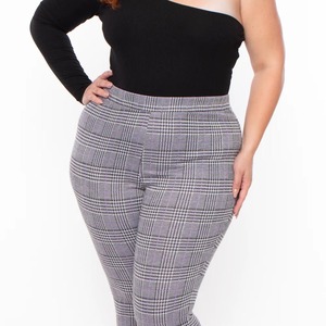 High Waisted Plaid <b>Leggings</b> Ankle Length Stretch Knitted Casual Women's Plus Size Pants Gray White <b>Patterned</b> - Product Image 3