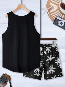 Conjuntos cortos de 2 piezas para hombre, conjuntos de verano con estampado tropical, camisetas sin mangas y pantalones cortos con cordón. - Product Image 3