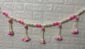Handmade Pearl <b>Beaded</b> <b>Door</b> Hanging Toran with Pink Flower Tassels - Product Image 4