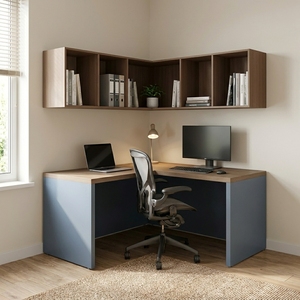 Bureau de direction moderne en forme de L avec armoire d'angle murale, étagères de rangement ouvertes, bicolore gris et chêne naturel, poste de travail - Product Image 5