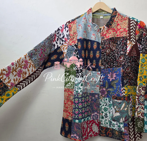 Veste respirante en coton tricoté à la main avec points Kantha, style vintage, réversible, patchwork, pour femmes, style bohème, matelassée, ouverte sur le devant - Product Image 4