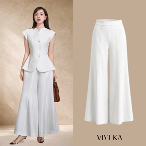 Pantalones de Oficina Casuales para Mujer, Modernos, Elegantes, Blancos, de Cintura Alta, Pierna Ancha, Corte Holgado, Antiarrugas, Largos, VIVI KA Worsted - Product Image 1