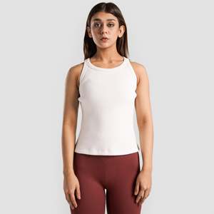 Women's <b>White</b> Ribbed O-Neck Sleeveless Tank <b>Top</b> Breathable Knitted Solid Outwear Style Regular Length - Product Image 1