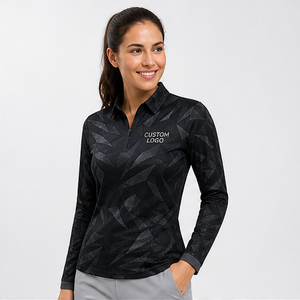 Custom <b>Black</b> Charcoal Angular Geometric Print Womens Long Sleeve Quarter Zip <b>Polo</b> Shirt Quick Dry Performance Golf <b>Top</b> WPS-0713 - Product Image 3
