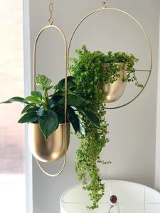 Pot de fleurs suspendu en métal doré, pot de fleurs mural rond géométrique, support de plante de plafond d'intérieur, chaîne bohème, décoration de balcon, jardin, maison - Product Image 6