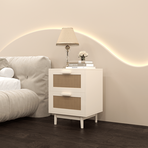 Comodino corpulento in legno Rattan con 2 cassetti decorati in finto Rattan tavolo di accento per cameretta da soggiorno comodino - Product Image 2
