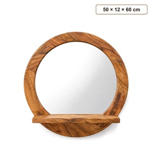 Aqdus Saleem Mango Wood Round <b>Mirror</b> with Ledge Shelf | Mid Century Modern Design | Eco-friendly Handcrafted | 50x60cm - Product Image 1