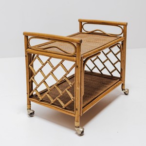 Vintage rattan champagne <b>trolley</b> drinks cart food <b>serving</b> <b>trolleys</b> entry way dining room accent - Product Image 2