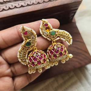 Peacock Kemp Jhumka Drop Earrings-Gold Plated Alloy with Diamond and Pearl for Party and Gift - Product Image 2