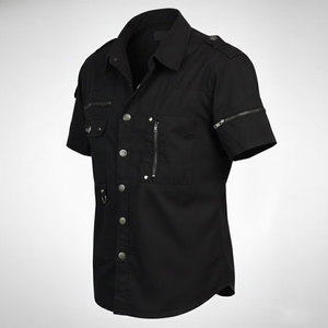 Customized <b>Men's</b> Gothic Industrial Short-Sleeve Shirt - Black Metal & Zipper Detail Top Factory Supplies - Product Image 2