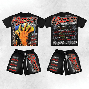 Ensemble t-shirt et short pour homme, noir imprimé, style streetwear, vêtements d'été, polyester respirant, col rond - Product Image 6