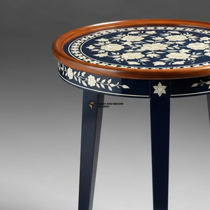 Blue Floral Meena Wooden <b>Stool</b> – Handcrafted Round Decorative Accent <b>Stool</b> Side <b>Table</b> - Product Image 2
