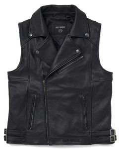 Chaleco de Motociclista de Cuero Genuino para Hombre H-D, Cuello Camisero, Cierre de Cremallera, Color Negro Sólido - Product Image 1