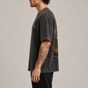 Men's <b>Vintage</b> Washed Dark Gray Loose Fit Short Sleeve Crew Neck T-Shirt Crescent Print <b>Tee</b> - Product Image 3