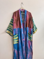 Robe kimono pour femme en soie crêpe recyclée, style vintage, longue, en soie de sari