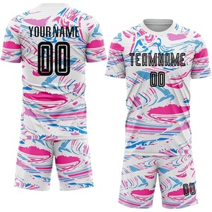 Ensemble de maillots de football personnalisés sublimés blanc rose bleu avec nom d'équipe, anti-transpiration, manches courtes, uniforme adulte unisexe toutes saisons - Product Image 6