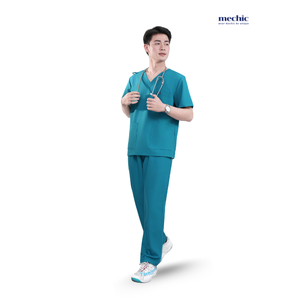 Ensemble de blouses médicales pour hommes Mechanic, couleur turquoise, col en V, manches courtes, uniforme d'hôpital, pantalon en coton et polyester tissé inclus - Product Image 1