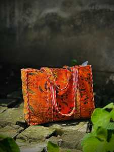 VEER HANDIRCRAFTS Orange Floral <b>Quilted</b> <b>Velvet</b> Tote Bag Vintage Style Open Top Shopping Bag with Chains All Seasons Use Travel - Product Image 1